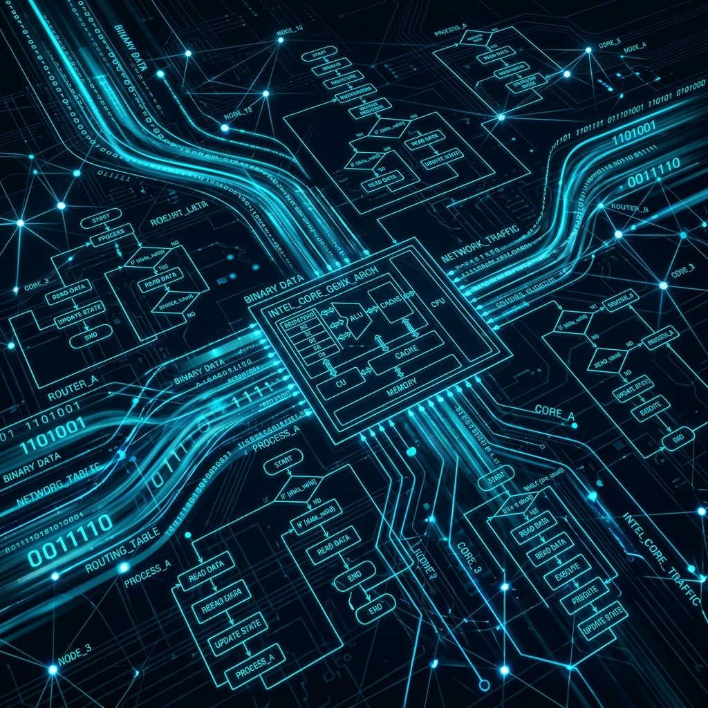 Abstract visualization of computer engineering with glowing data streams, binary code, network nodes, CPU architecture diagrams, cyan and electric blue on dark background, digital art, no people